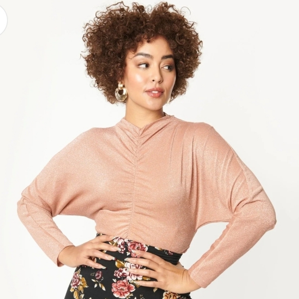 Unique Vintage Lurex Like Retro Pink Glitter Batwing Gathered Blouse